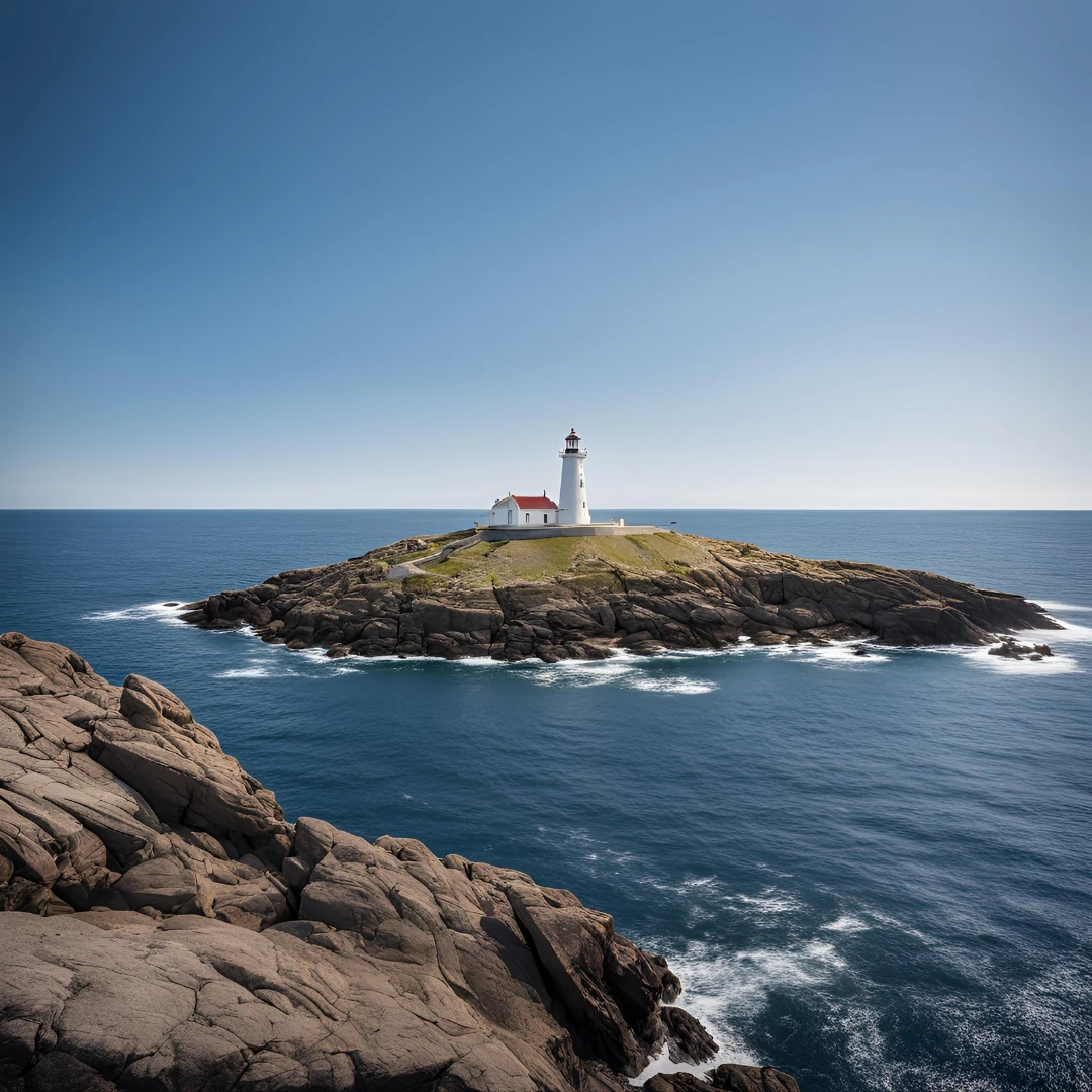 A lighthouse on a rocky island.