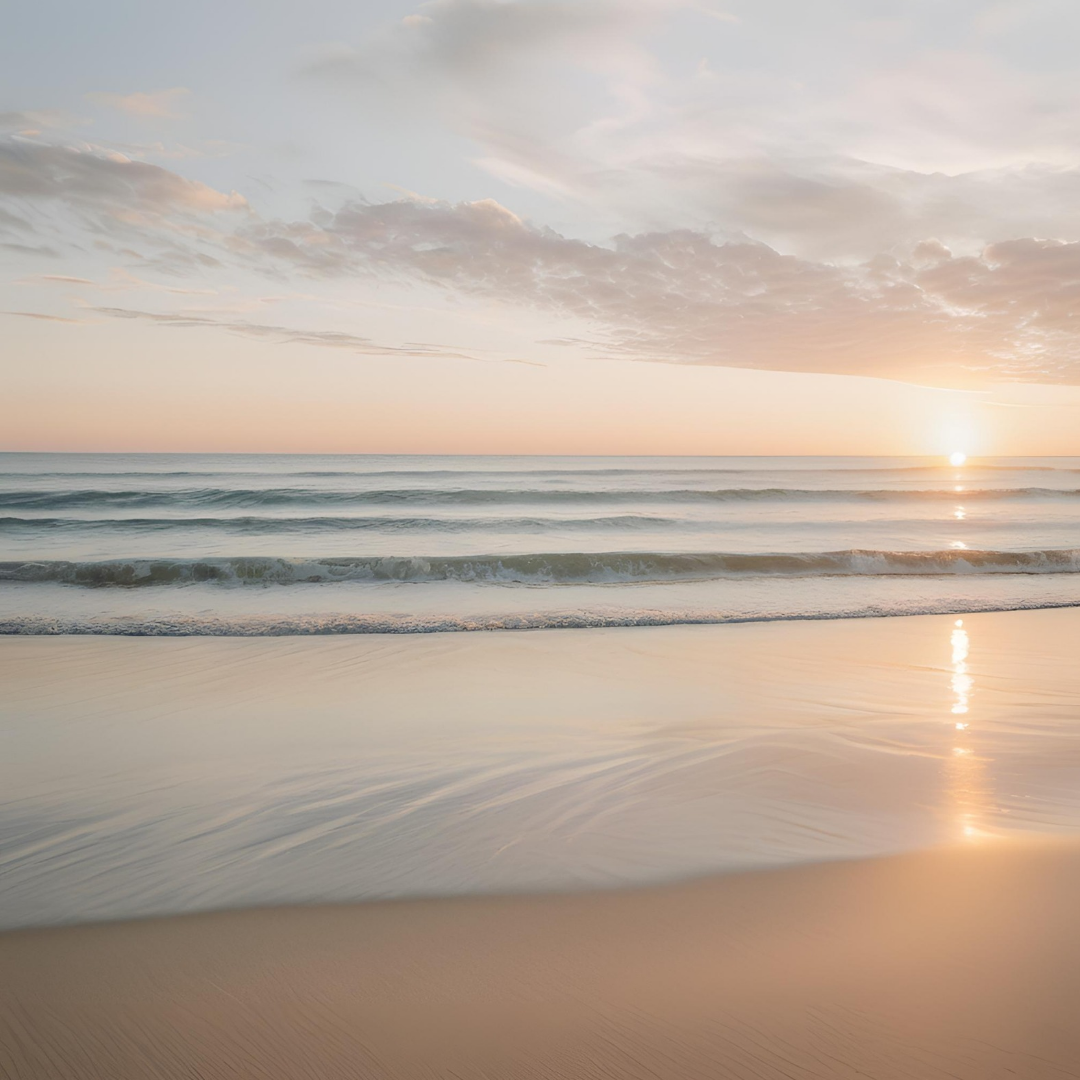 A beautiful sunrise at a sandy beach on a calm day.